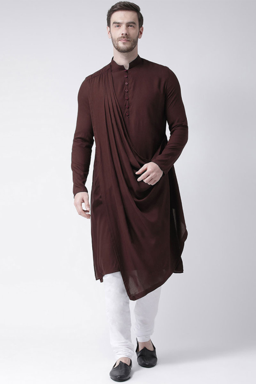 Wine Maroon Cotton Indo-Western Men Kurta Pajama