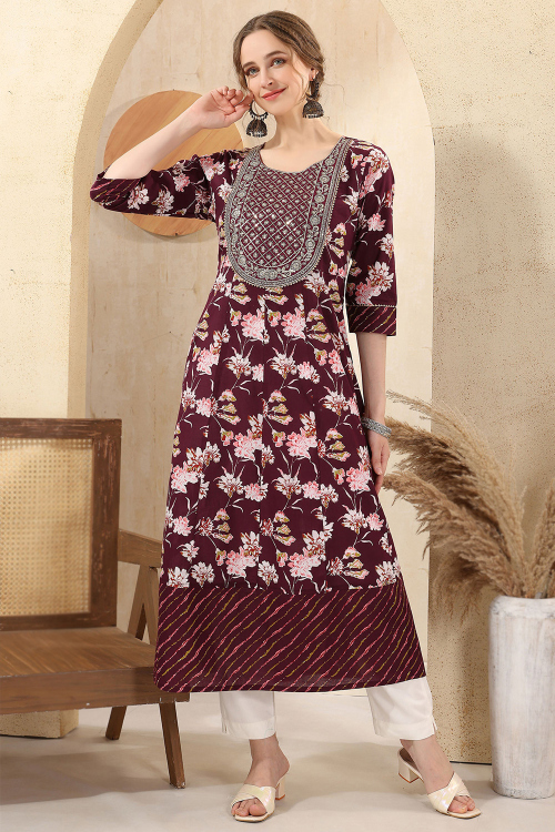Wine Maroon Cotton Kurti With Zari Work For Festive