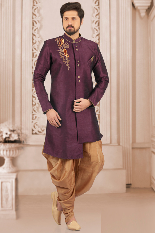 Wine Maroon Dupion Silk Zari Emboidered Men's Sherwani