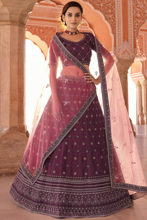 Wine Maroon Embroidered Crepe Wedding Wear Lehenga