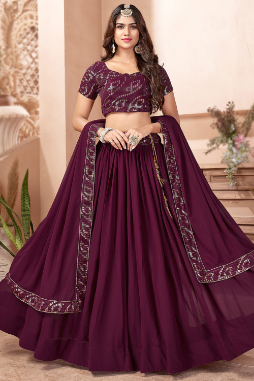 Lehenga in Wine Maroon Georgette for Party Wear with Thread Work