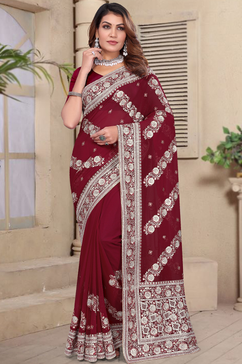 Wine Maroon Georgette Embroidered Regional Saree