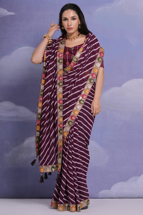 Wine Maroon Georgette Lehariya Printed Saree