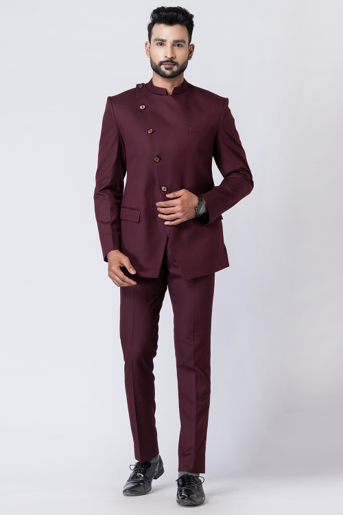 Wine Maroon Plain Polyester Angrakha Style Men's Coat Pant