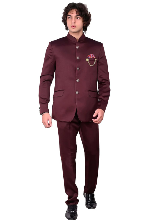 Wine Maroon Polyester Plain Jodhpuri Style Men's Coat Pant