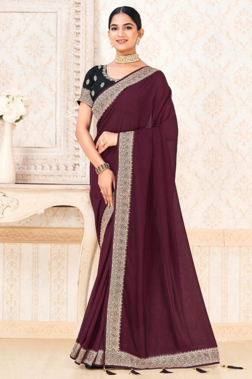 Wine Maroon Silk Embroidered Light Weight Saree