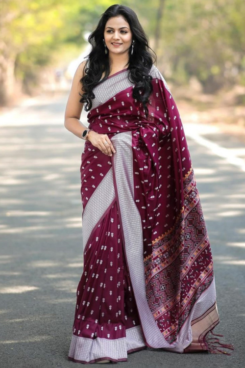 Wine Maroon Silk Weaved Thread Light Weight Saree 