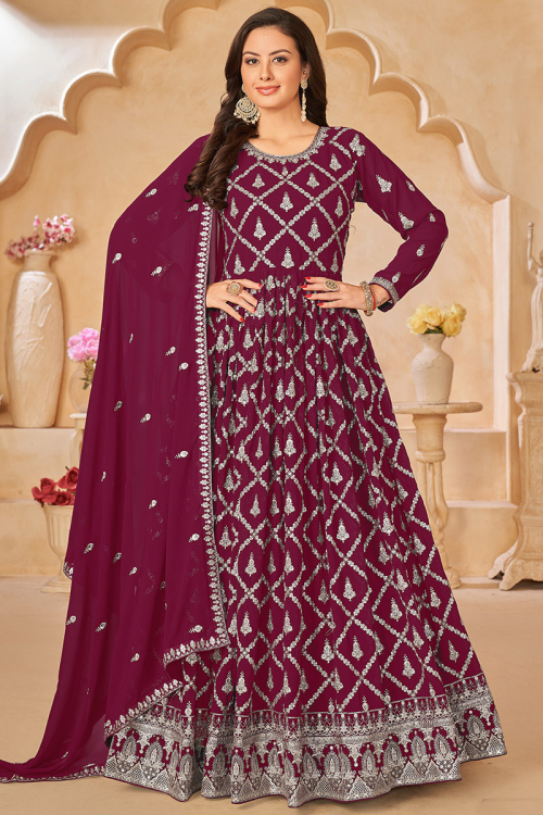 Wine Maroon Sequin Embroidered Georgette Anarkali Suit