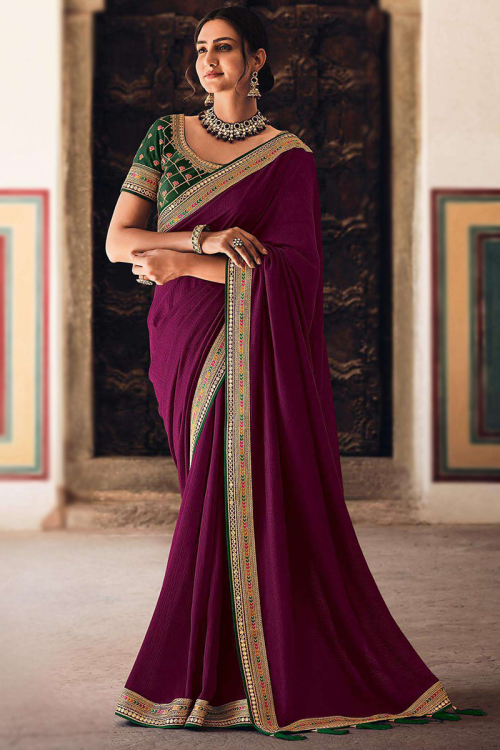 Wine Soft Silk Lace Embroidered Saree
