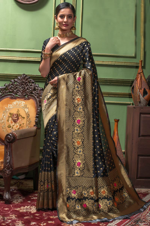 Woven Banarasi Silk Black Wedding Wear Saree