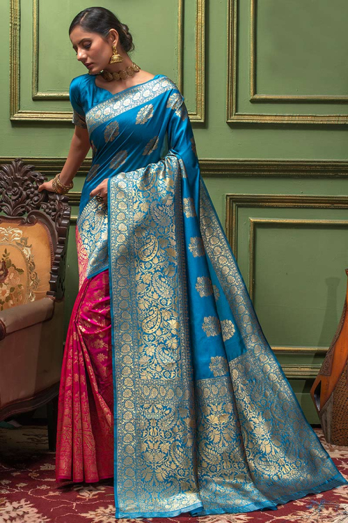 Art Silk Sea Blue And Pink Wedding Wear Saree