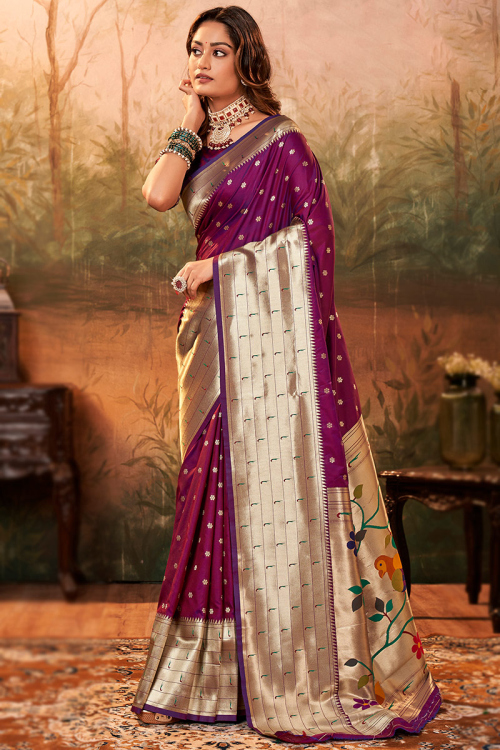 Woven Embroidered Silk Dark Purple Saree