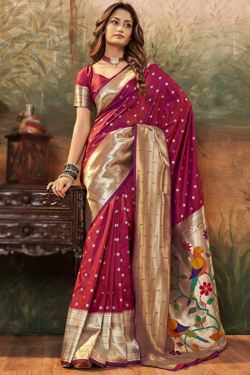 Woven Embroidered Silk Magenta Pink Saree