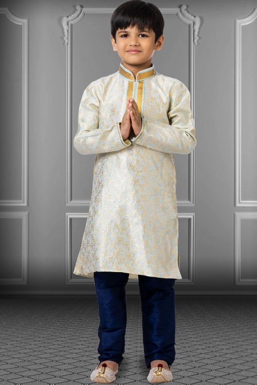 Woven Embroidered Silk Mint Blue Kids Kurta Pajama