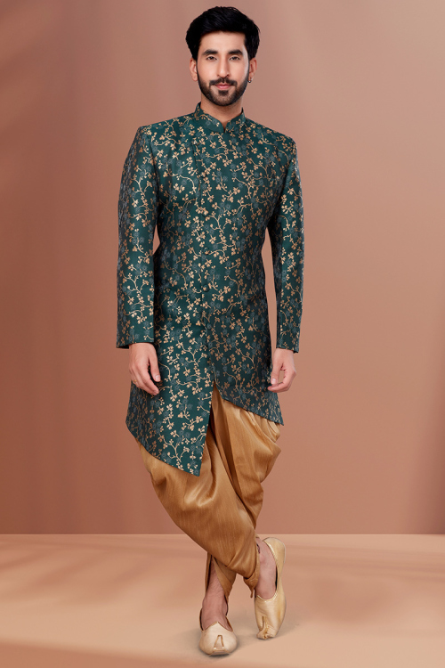 Woven Jacquard Dark Peacock Green Men's Sherwani