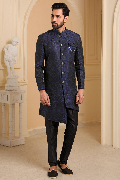 Woven Jacquard Navy Blue Men Sherwani