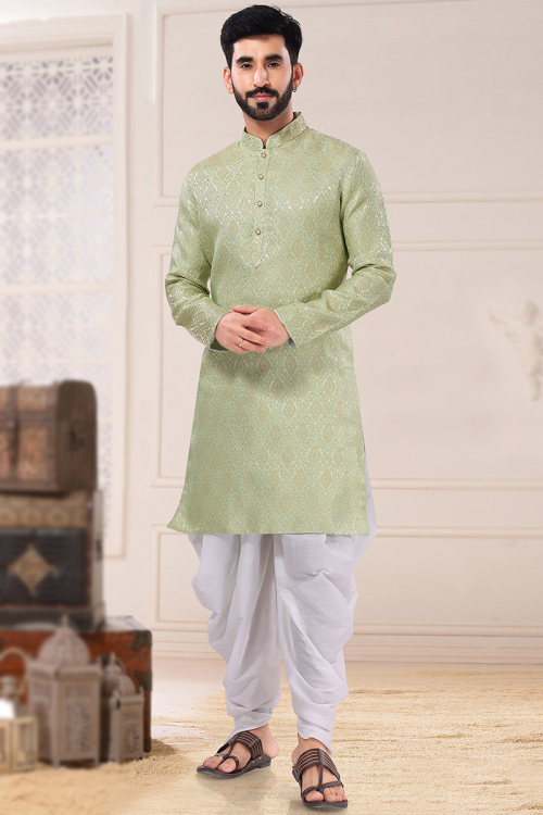 Woven Jacquard Pistachio Green Wedding Men's Kurta Pajama