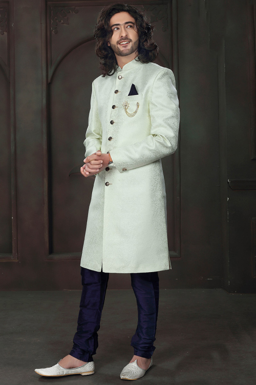 Woven Jacquard Pistachio Green Men Sherwani