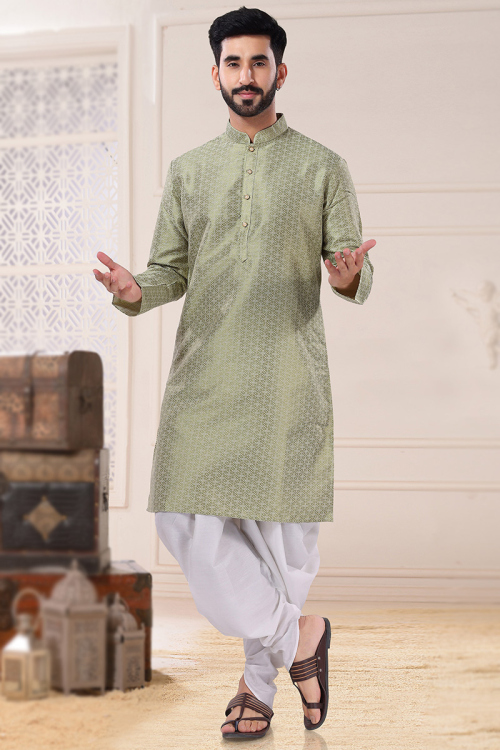 Woven Jacquard Sage Green Men Kurta Pajama