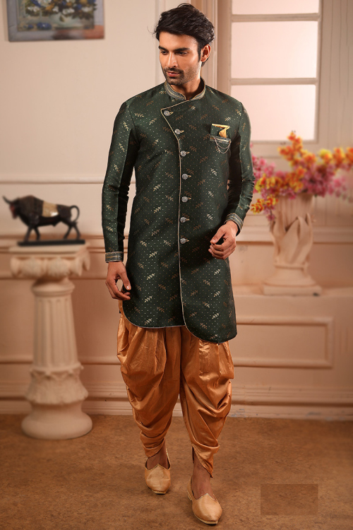 Woven Zari Art Silk Dark Green Angrakha Style Men's Sherwani 