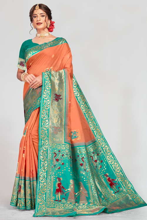 Salmon Orange Traditional Chanderi Cotton Saree for Party 
