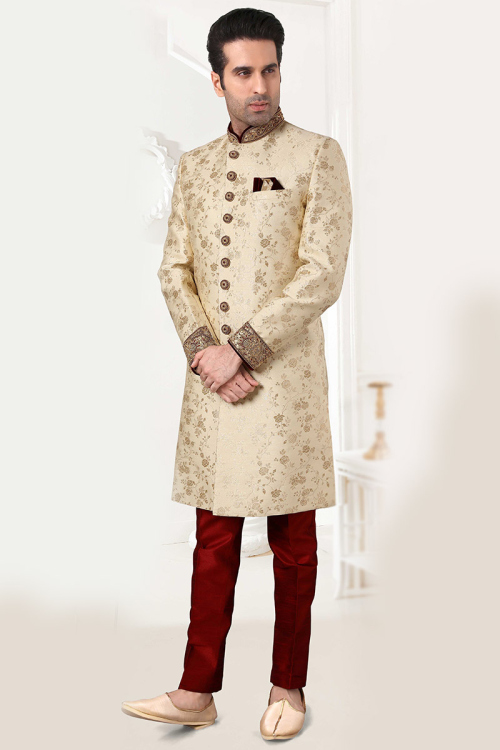 Woven Zari Embroidered Banarasi Silk Cream Men's Sherwani