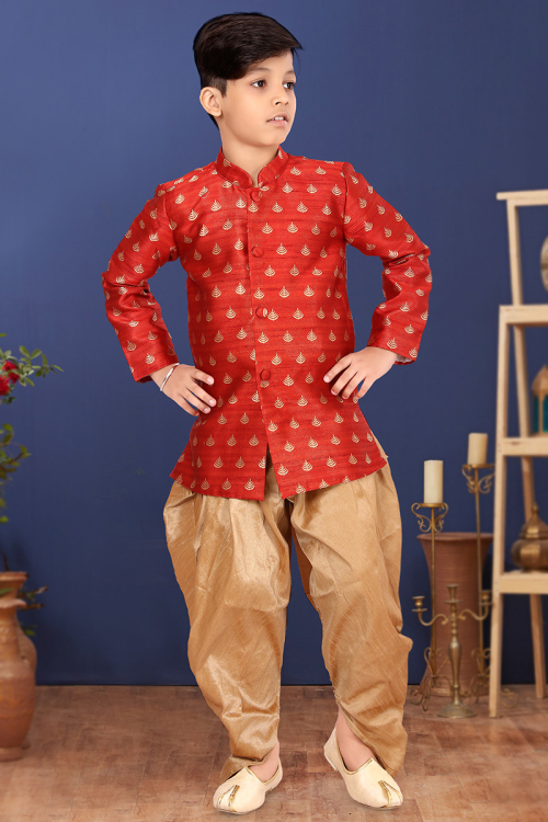Elegant Woven Zari Jacquard Chilli Red Kids' Sherwani