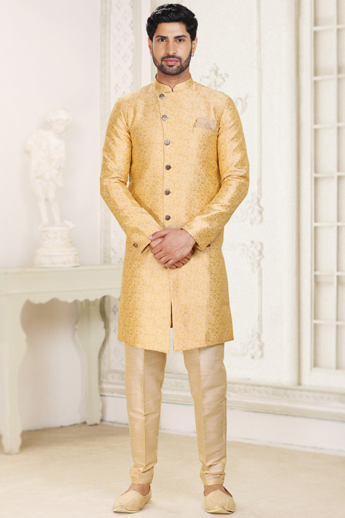 Woven Zari Jacquard Light Orange Men's Sherwani 