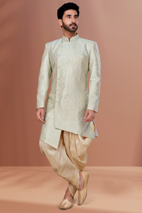 Men Sherwani for Party Wear in Jacquard Mint Blue with Zari Work