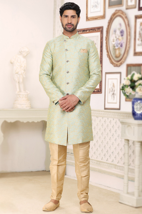 Woven Zari Jacquard Mint Green Men's Sherwani 