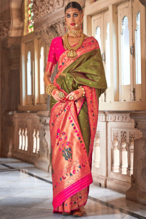 Woven Zari Light Weight Silk Saree In Olive Green 