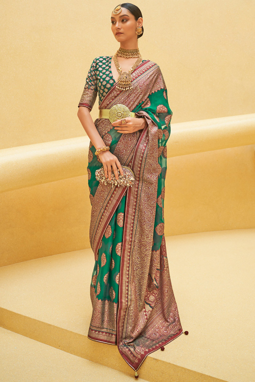 Emerald Green Organza Woven Saree with Weaved Thread embroidery