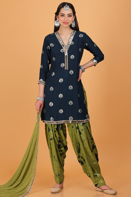 Woven Zari Peacock Blue Silk Wedding Straight Cut Patiala Suit