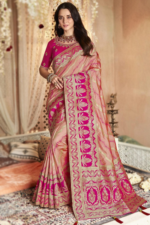 Silk Peach Zari Embroidered Wedding Wear Saree