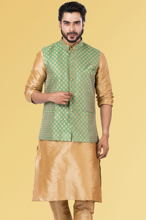 Weaved Thread Work Pistachio Green Men Waist Coat in Silk for Sangeet