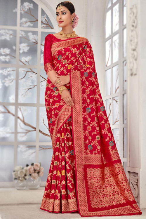 Red Woven Designer Party Wear Saree in Silk