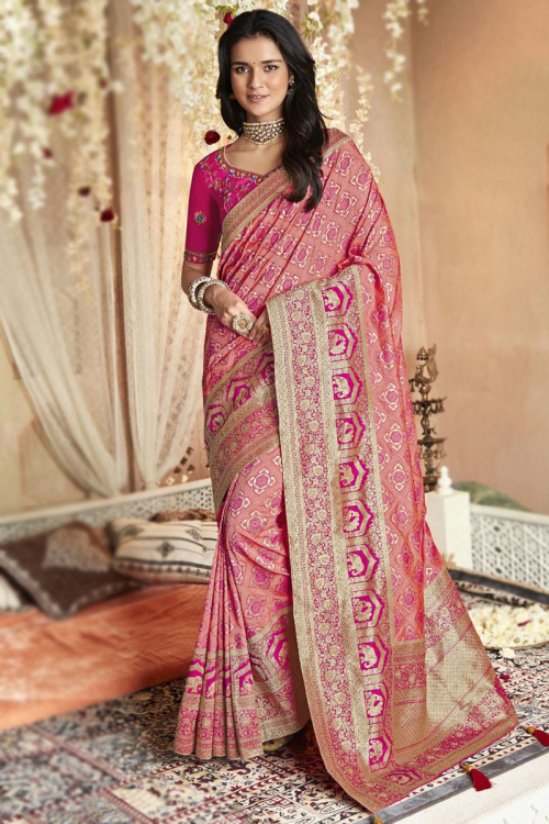 Weaved Thread Work Wedding Wear Saree in Salmon Pink Silk