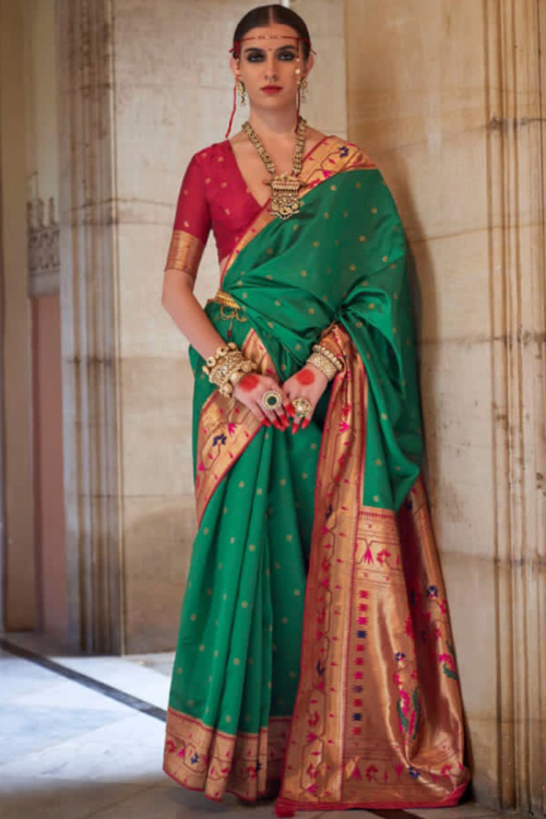 Woven Zari Silk Sea Green Broad Border Saree