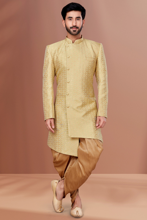 Yellow Beige Jacquard Woven Zari Men's Sherwani