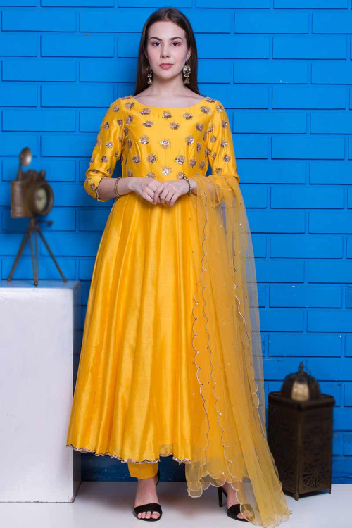 Yellow Chanderi Wedding Wear Anarkali Suit With Cutdana And Sequins Work