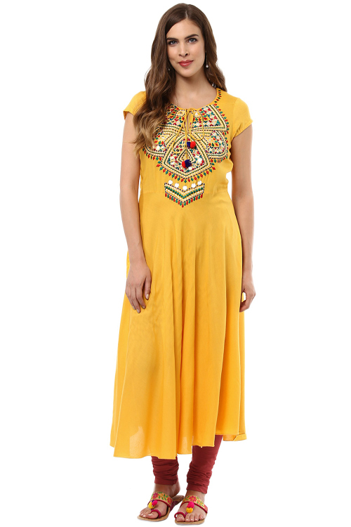 Yellow Cotton Kurti With Faux Mirror Work For Casual Wear