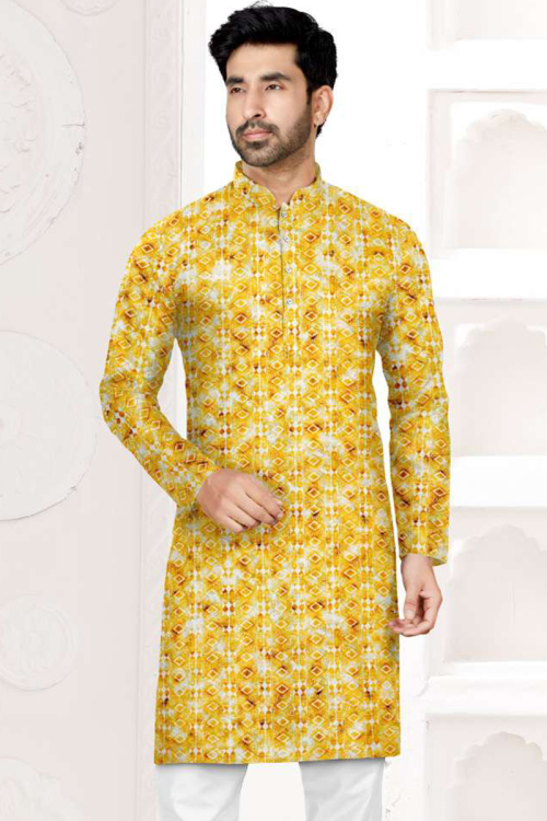 Yellow Cotton Resham Embroidered Straight Cut Men's Kurta Pajama