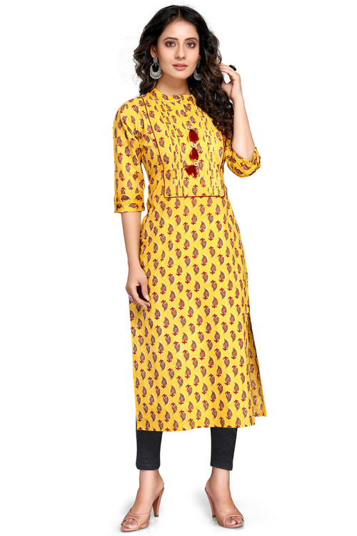 Yellow Cotton Straight Cut Kurti
