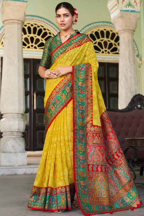 Yellow Georgette Embroidered Broad Border Saree For Haldi