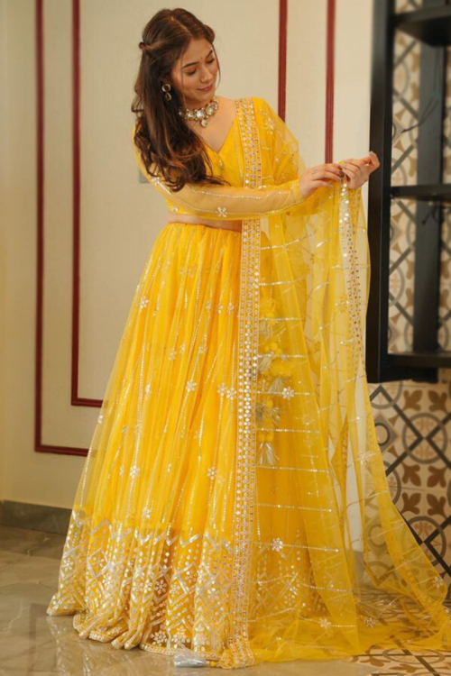Yellow Net Sequins Embroidered Lehenga