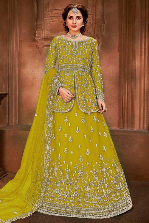 Corn Yellow Net Dori Embroidered Lehenga