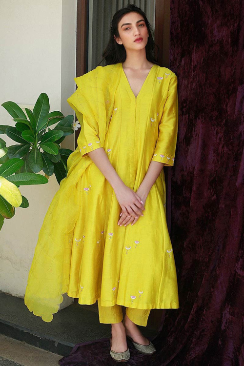 Yellow Silk Indian Anarkali Salwar Suit With Resham Work