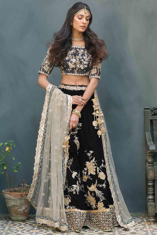Zardosi Embroidered Velvet Dark Black Lehenga