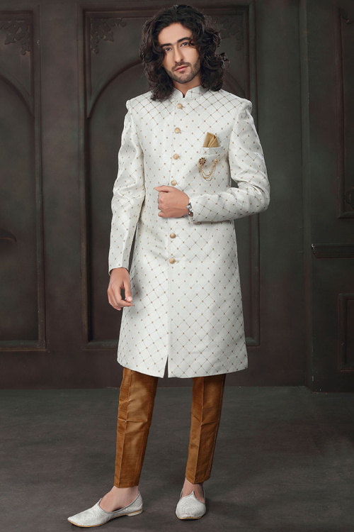 Zari And Thread Embroidered Silk White Men Sherwani