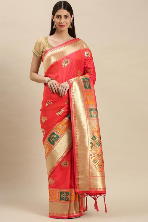 Zari Weaved Banarasi Silk Coral Pink Saree